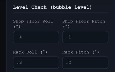 Screen showing level check measurements for shop floor and rack in roll and pitch degrees.