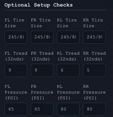 Tire size, tread depth, and pressure setup check for four tires.