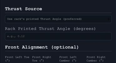 Screenshot of a bike alignment settings interface showing thrust angle and front alignment fields.