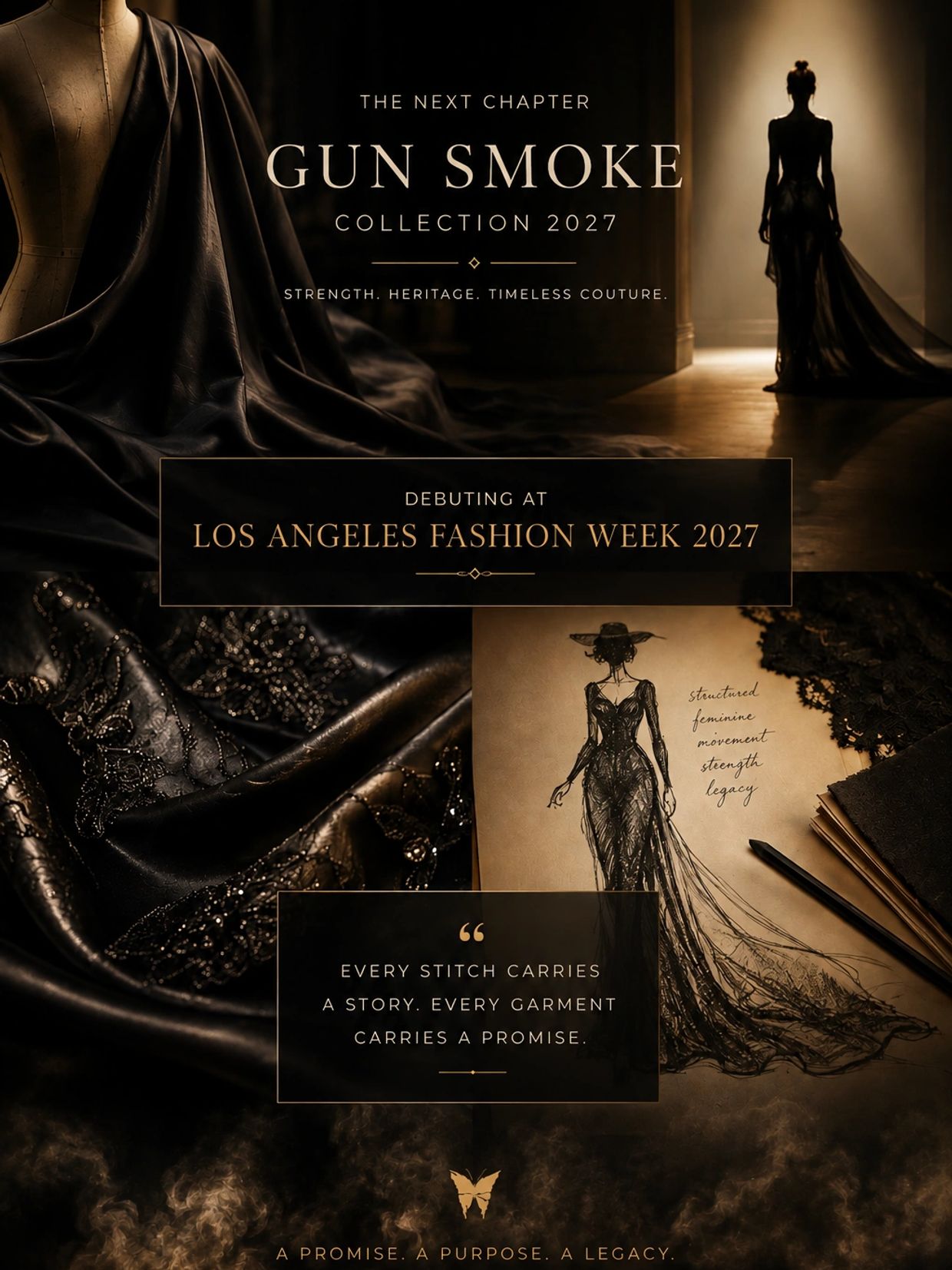 Fashion ad for Gun Smoke Collection 2027 debuting at LA Fashion Week.