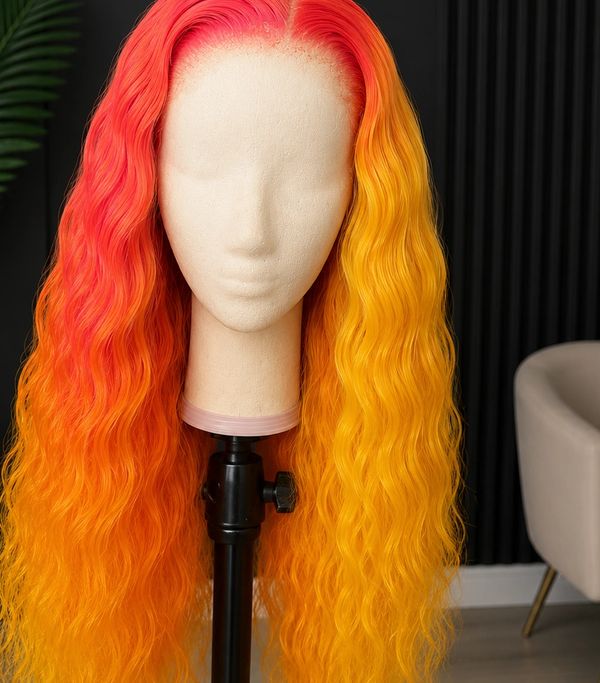 Mannequin head with vibrant red to yellow ombre wavy hair wig.