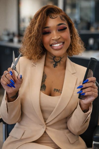 Smiling hairstylist holding scissors and comb, dressed in beige suit.