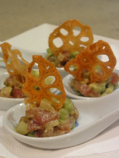 Tuna tartar, avocado, sesame, scallions, wasabi-soy sauce vinaigrette, cucumber cups