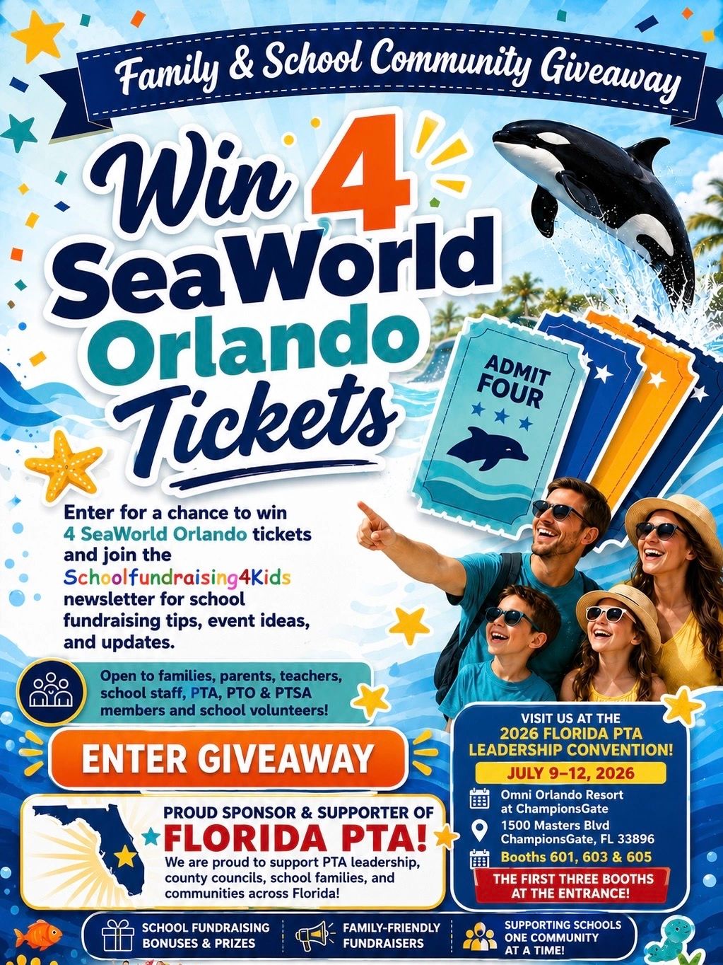 Enter SchoolFundraising4Kids School Community Drawing for chance to win 4 SeaWorld Orlando tickets. 