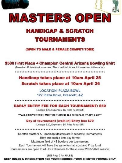 Flyer for Masters Open bowling tournaments in Prescott, AZ with prize and entry fee details.