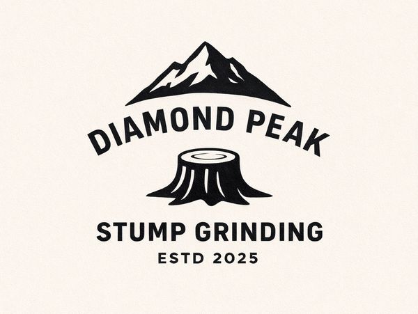 Black and white logo for Diamond Peak Stump Grinding with mountain and stump icons.