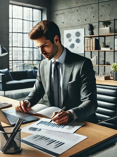  image depicting a business owner working on a business plan in a modern office setting.