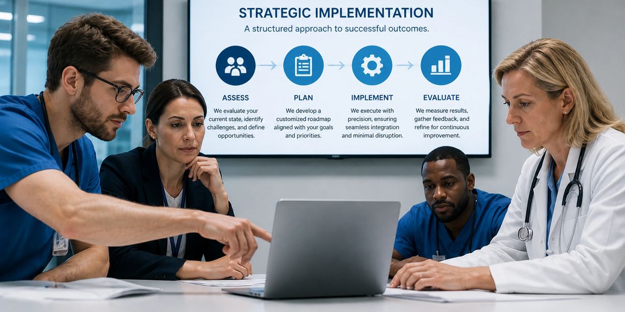 Medical professionals and a businesswoman discuss strategic implementation in a meeting.