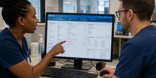 Two healthcare professionals reviewing patient information on a computer screen.