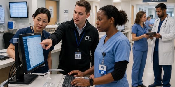 Healthcare professionals collaborating over patient data on a computer screen in a hospital.
