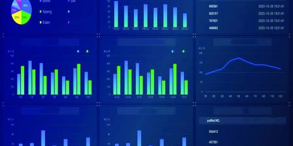 Data dashboard with pie and bar charts showing statistics.