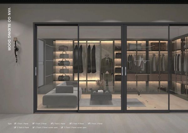 Modern walk-in closet with glass sliding doors and elegant lighting.