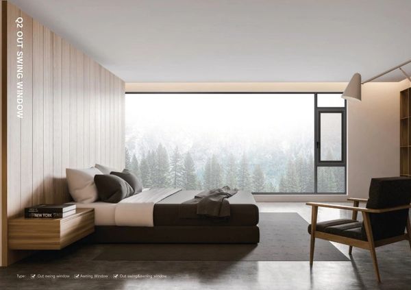 Minimalist bedroom with large panoramic window overlooking misty forest.