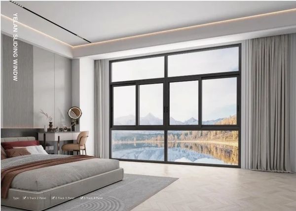 Modern bedroom with large window overlooking a scenic lake and mountains.