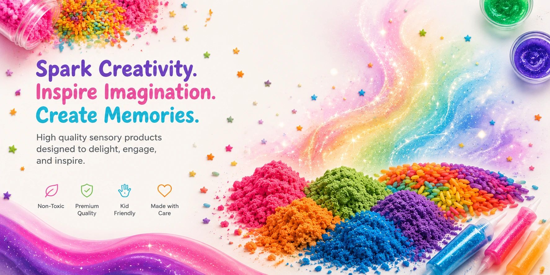 Colorful sensory play materials with inspiring text for creativity and imagination.