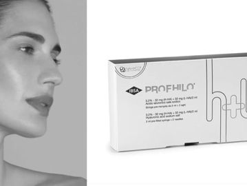 Black and white photo of a woman and Profilo medication box.