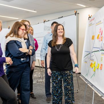 Photo of a person facilitating a group of people standing up in front of a board.