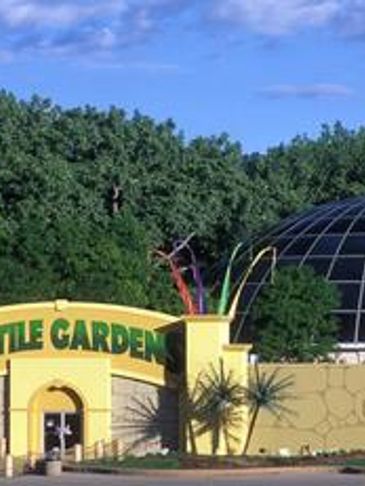 Entrance of a building with colorful tubes and greenery.
