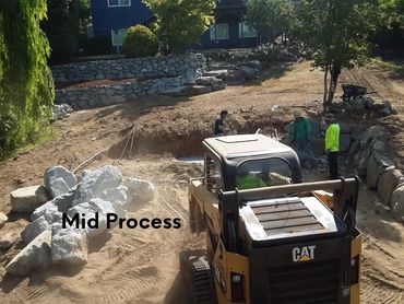 Paver patio and rock retaining wall project located in Bellingham Washington. Mid process.