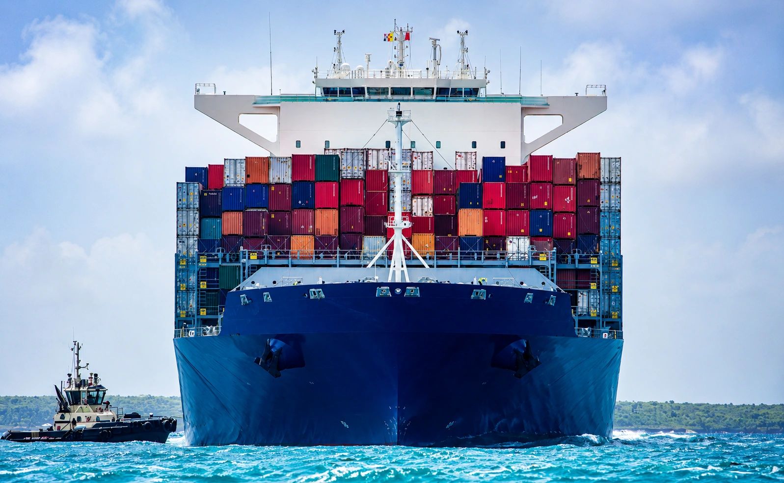 Front view of a large container ship loaded with colorful cargo containers at sea.