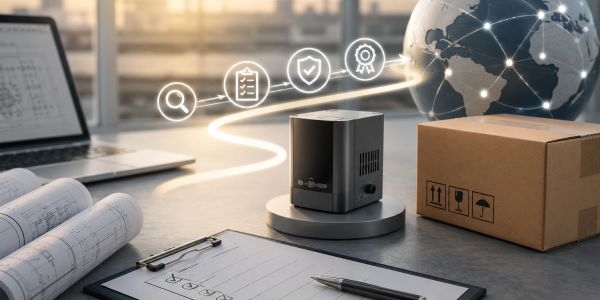 Workspace with tech device, documents, and global connectivity icons.