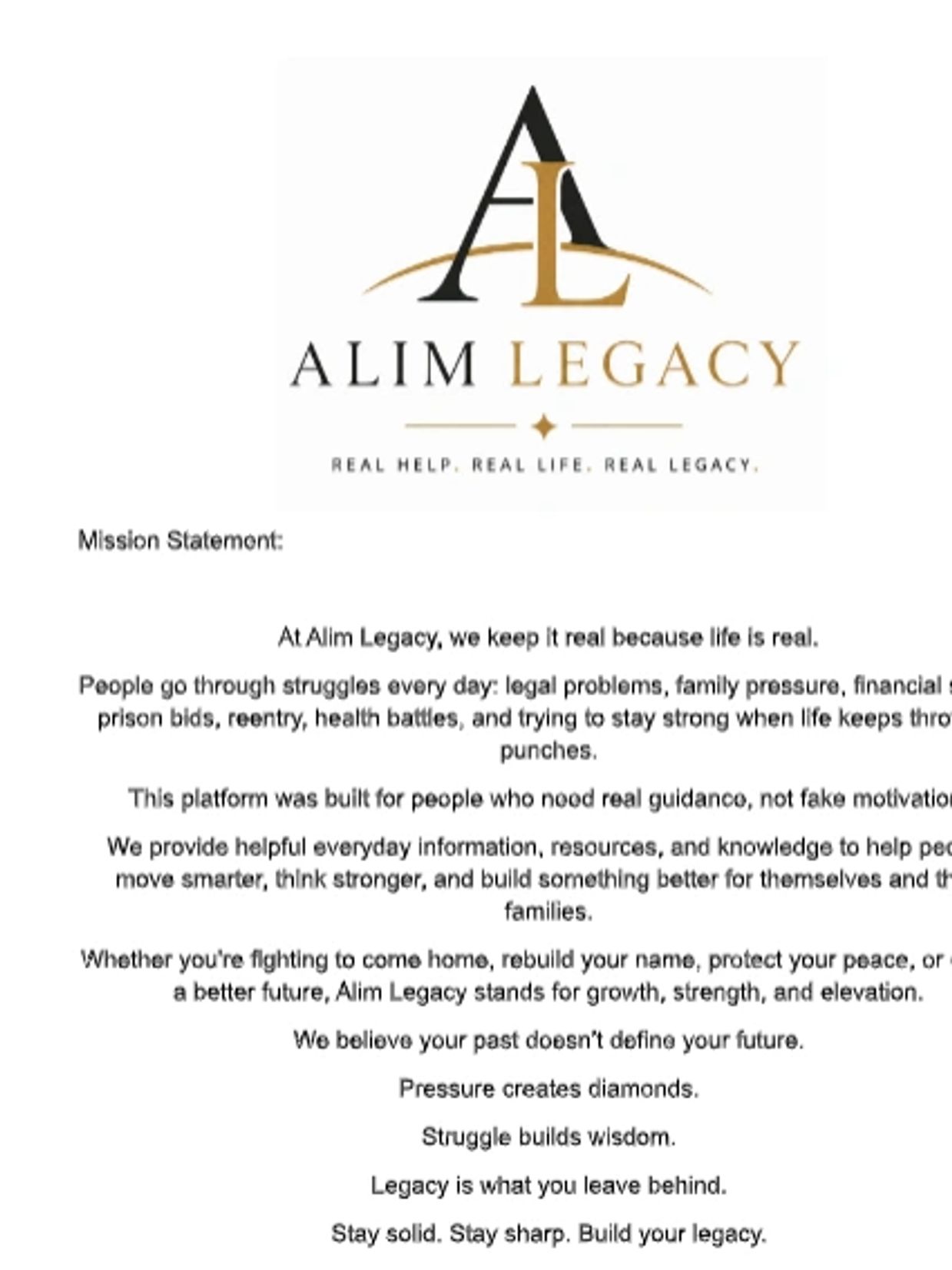 Alim Legacy logo with mission statement about real help and building a strong legacy.