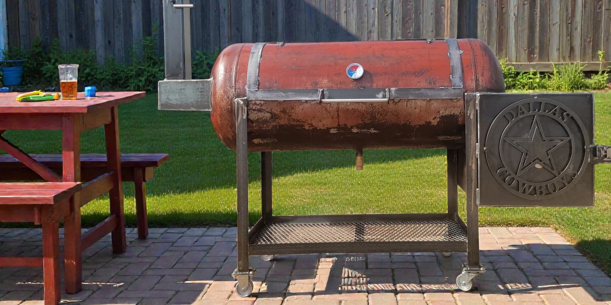 A rustic Texas-style barbecue smoker on a patio with a wooden table nearby.