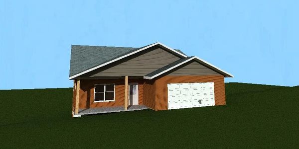 A modern single-story house with a garage on a grassy plain under a clear blue sky.