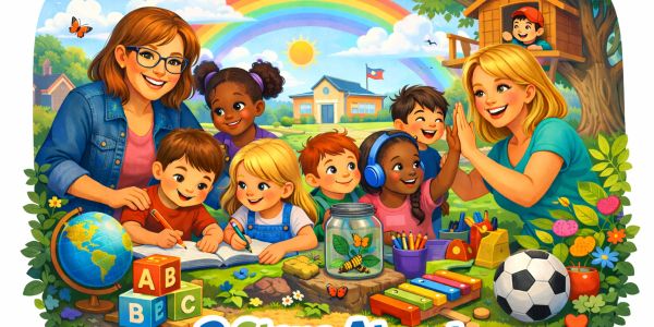 Two teachers and diverse children happily learning outdoors with colorful toys and a rainbow.