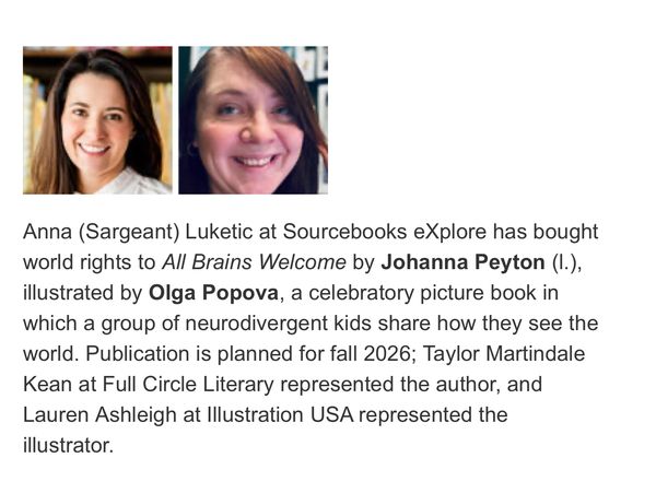 publication announcement for ALL BRAINS WELCOME by Johanna Peyton, Olga Popova, Sourcebooks eXplore