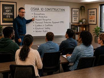 Instructor teaching OSHA 10 construction safety to a diverse group.