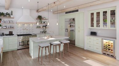 Home remodeling in los angeles using green cabinets and quartz counter top , island cabinets 
