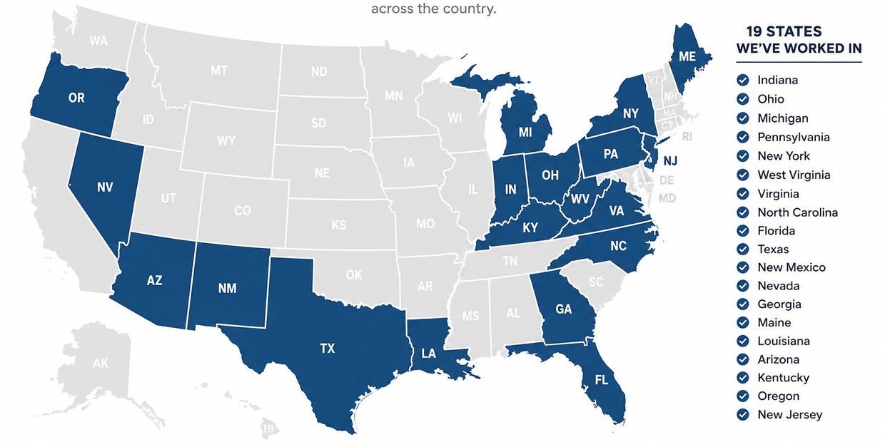 Map showing 19 states worked in across the US.