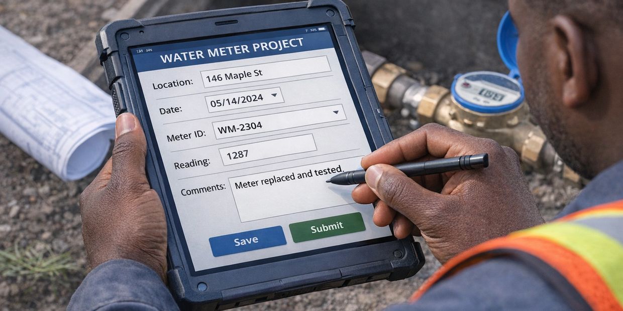 Worker documenting water meter data on a tablet.