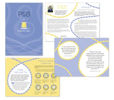 Promotional brochure for PSB Edgeborough with blue and yellow design.