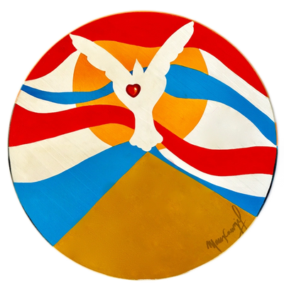 Abstract circular artwork with a white dove, red heart, and colorful geometric shapes.