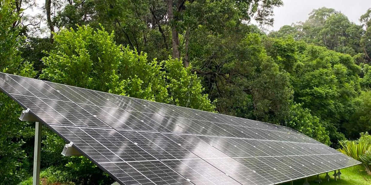 Solar panels installed in a lush green forest area.