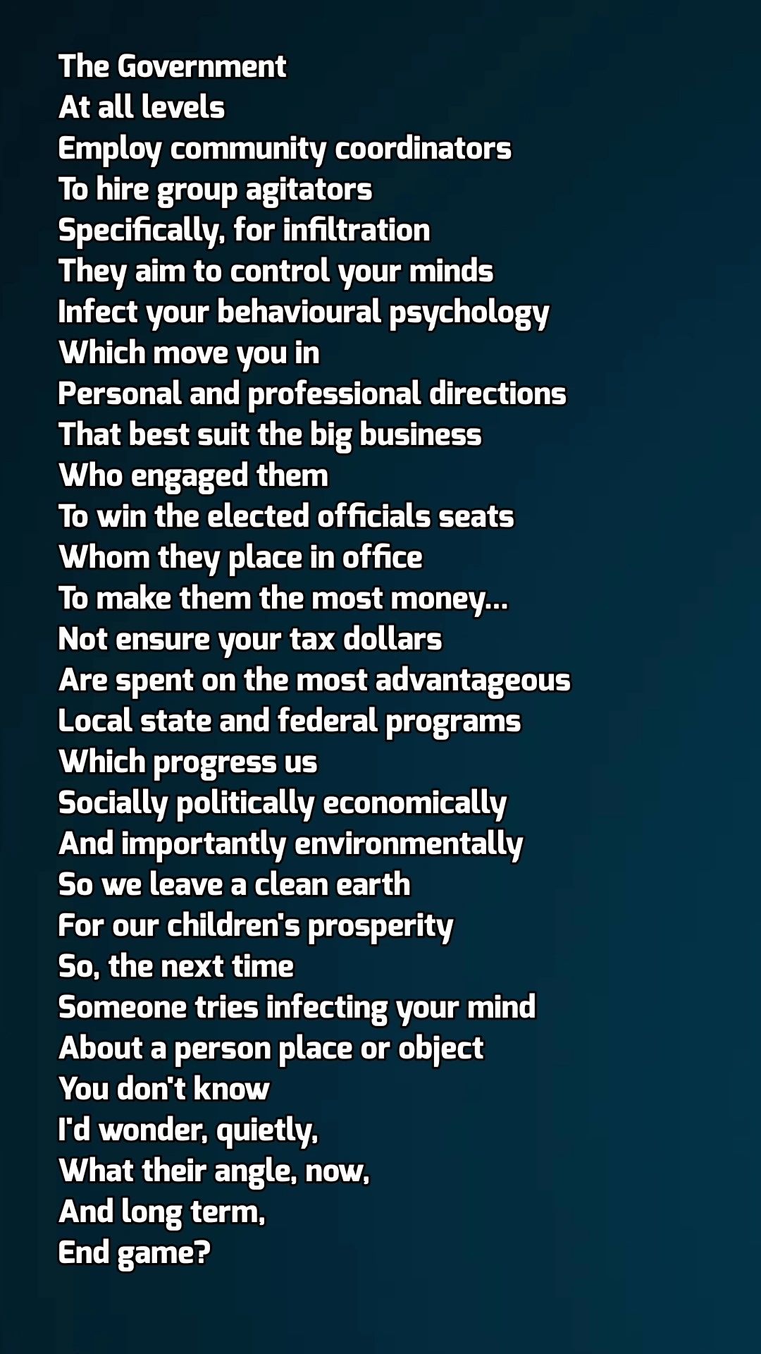 Poem about government control, big business influence, and societal progress.