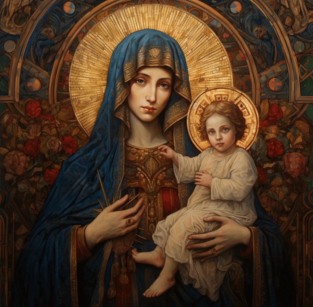 A detailed religious painting of Madonna and Child with golden halos and intricate robes.