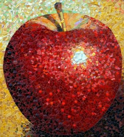 Mosaic art of a red apple with vibrant colors and detailed texture.