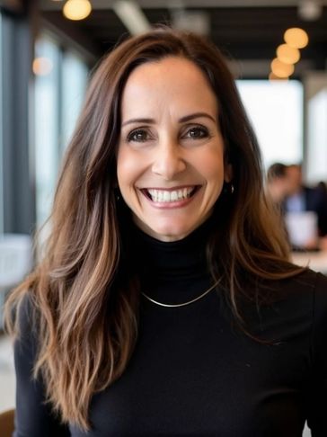 Smiling woman with long brown hair in a black turtleneck.