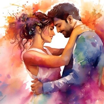 Romantic watercolor painting of a couple embracing.