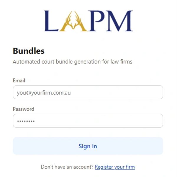 Login page for LAPM Bundles, an automated court bundle generation tool for law firms.