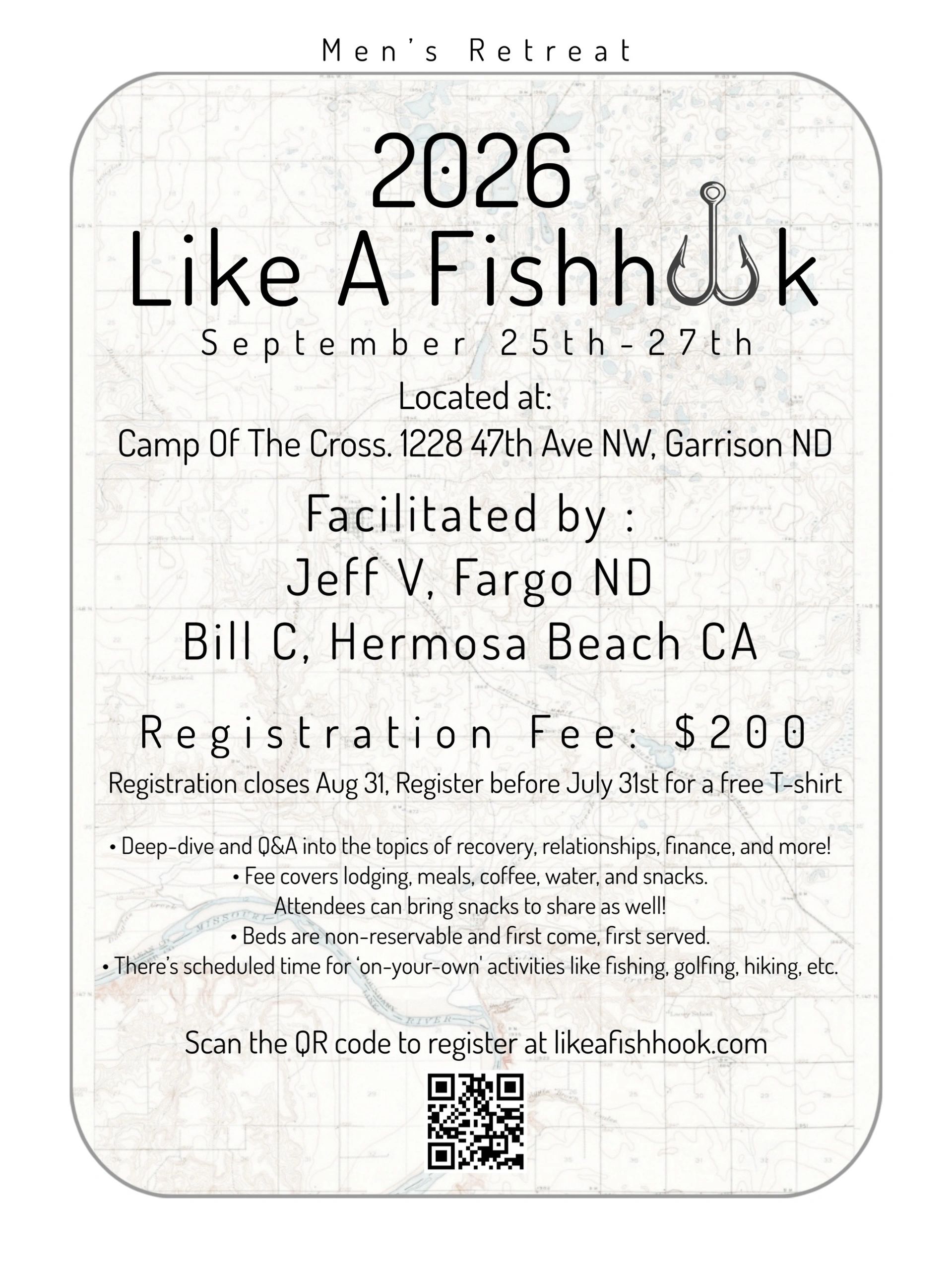 Men's retreat event Like A Fishhook 2026 details.