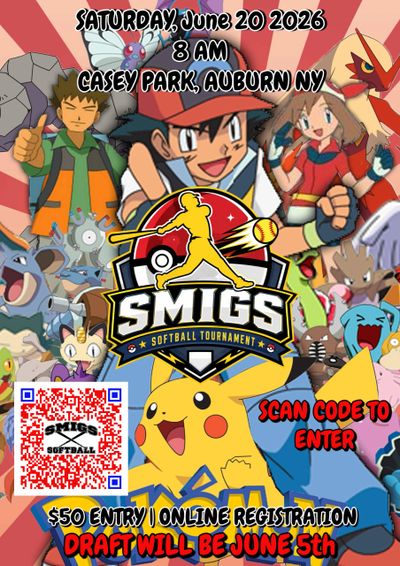 Pokémon-themed SMIGS softball tournament poster with event details and QR code.