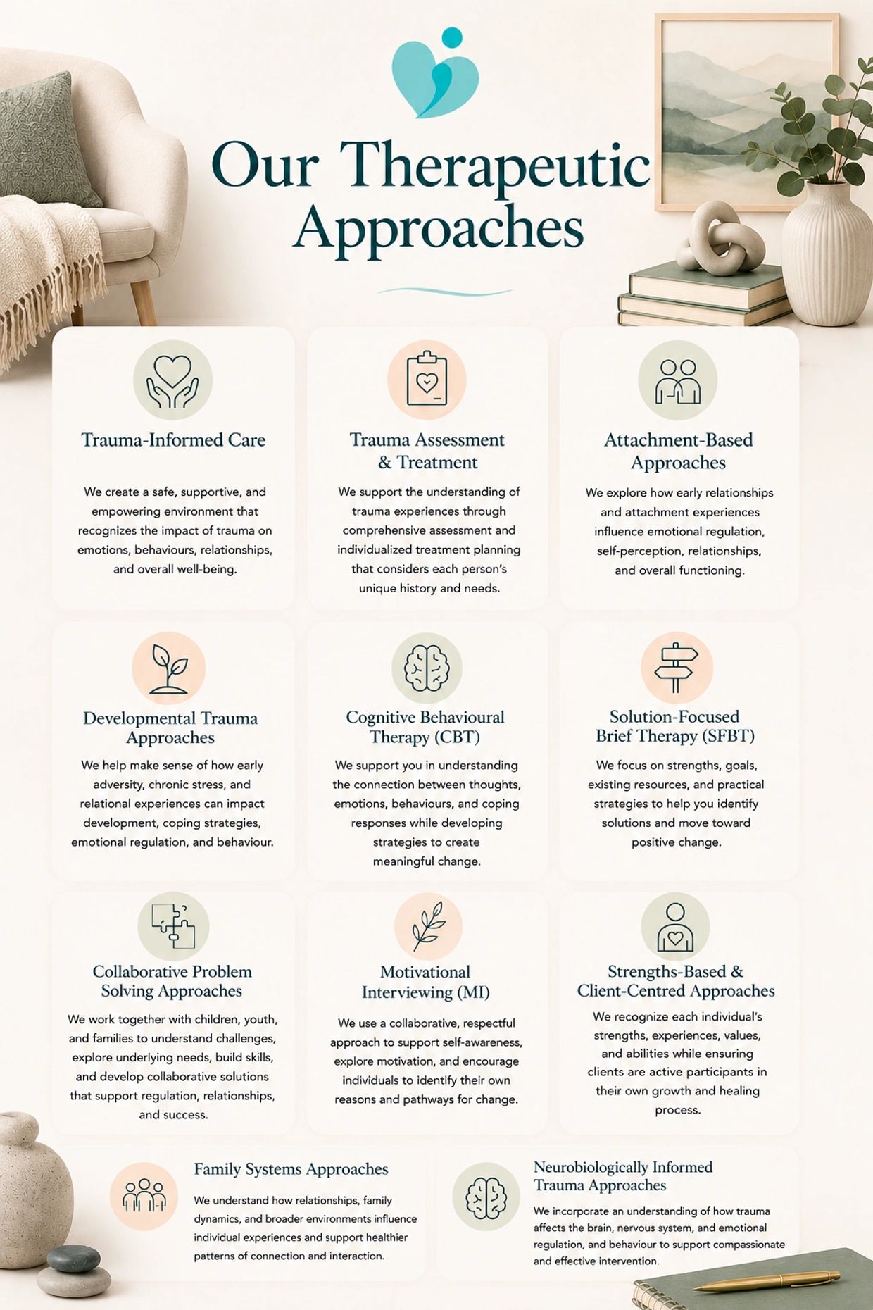 Graphic listing therapeutic approaches for trauma recovery.