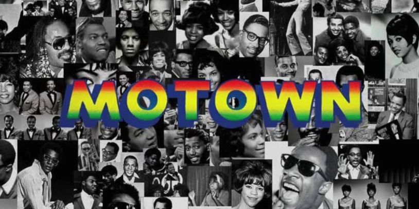 Collage of Motown artists with colorful Motown logo.