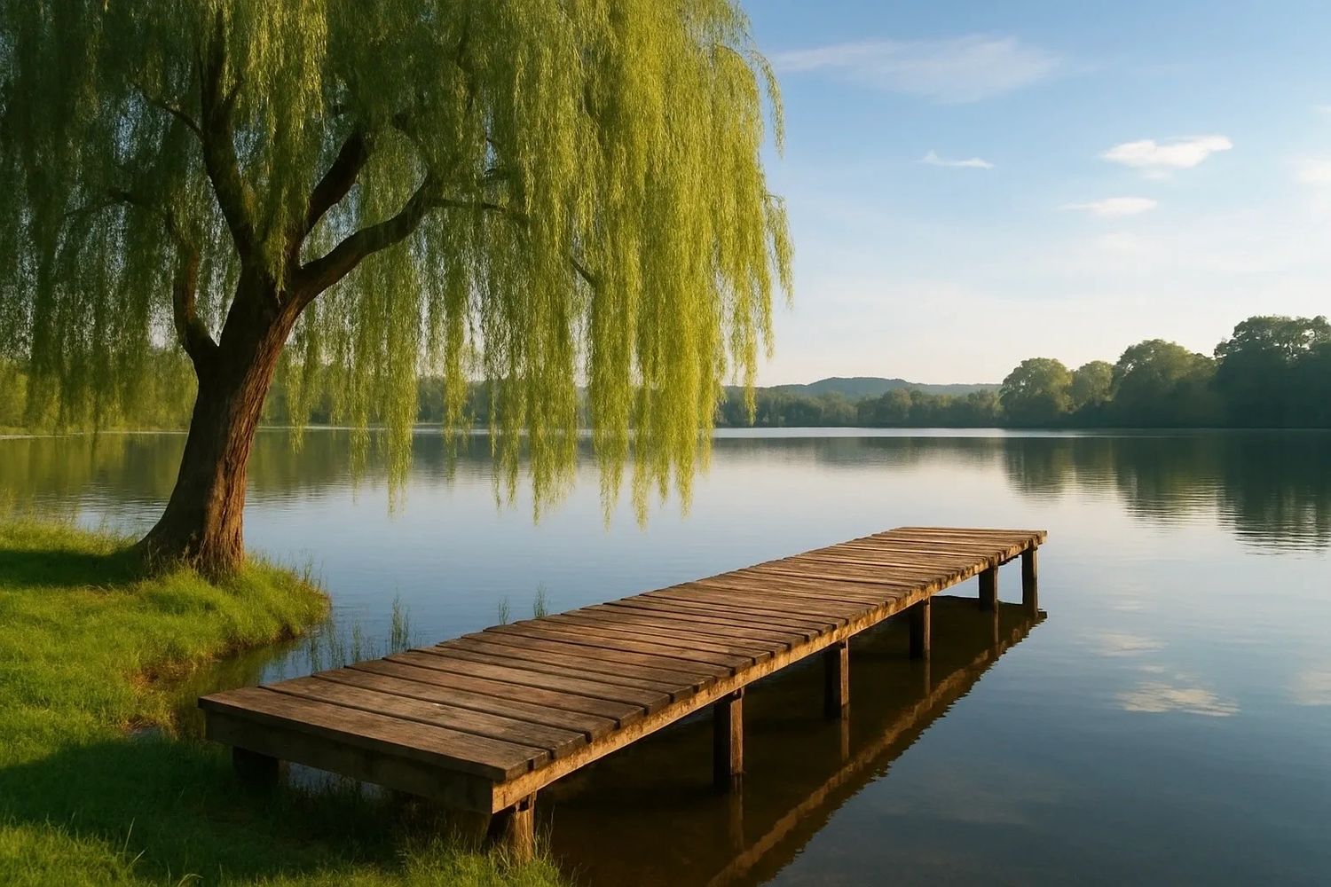 Peaceful wooden dock extending into a calm lake beneath a willow tree.