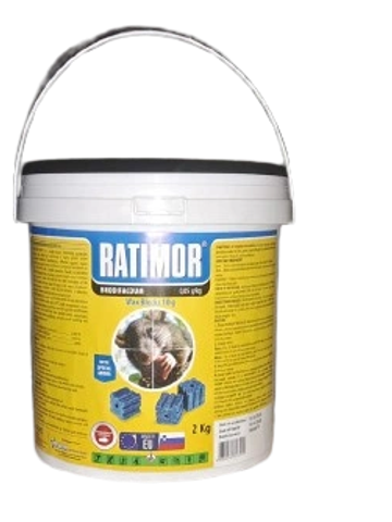 Bucket of Ratimor rodenticide bait for pest control.