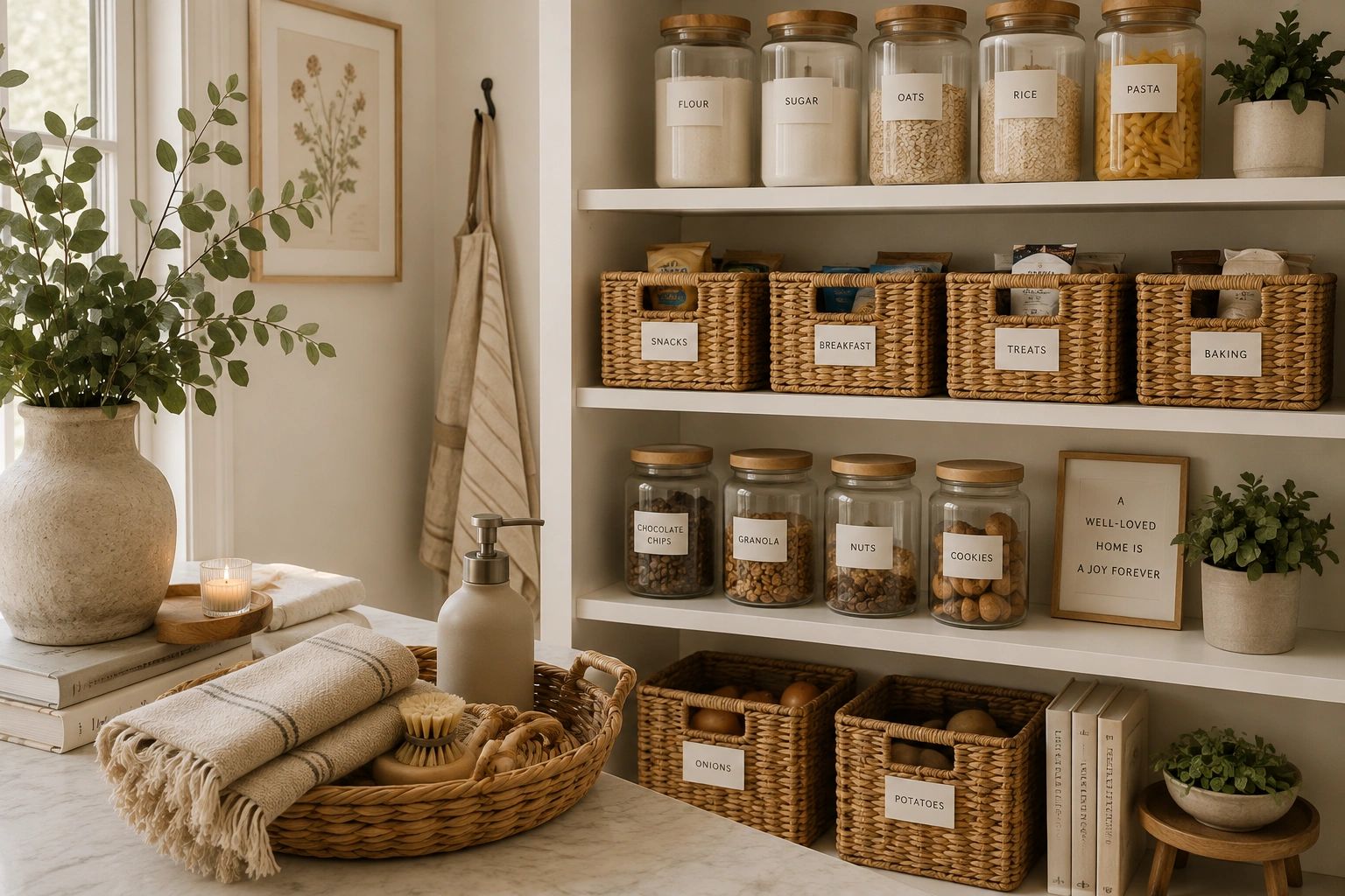 Neatly organized kitchen pantry with labeled jars and baskets.